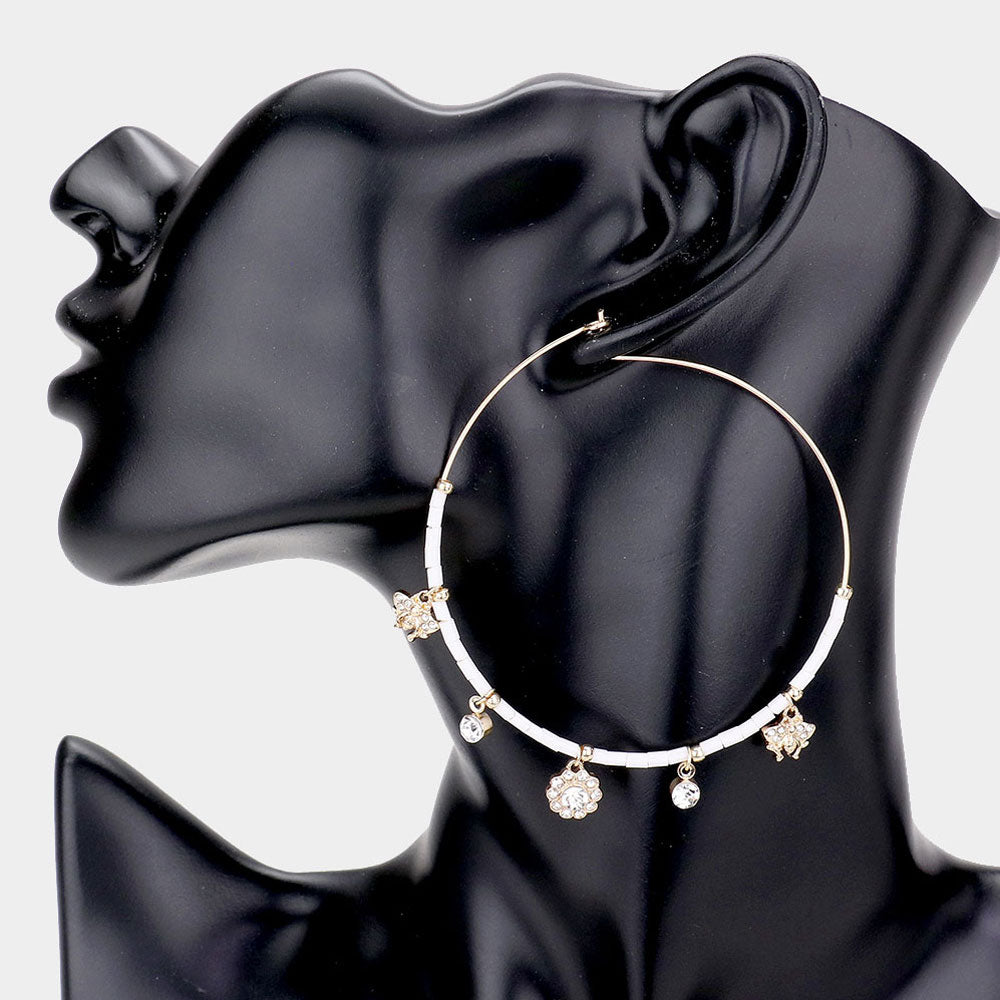 Rhinestone Embellished Metal Flower Honey Bee Beaded Open Circle Earrings