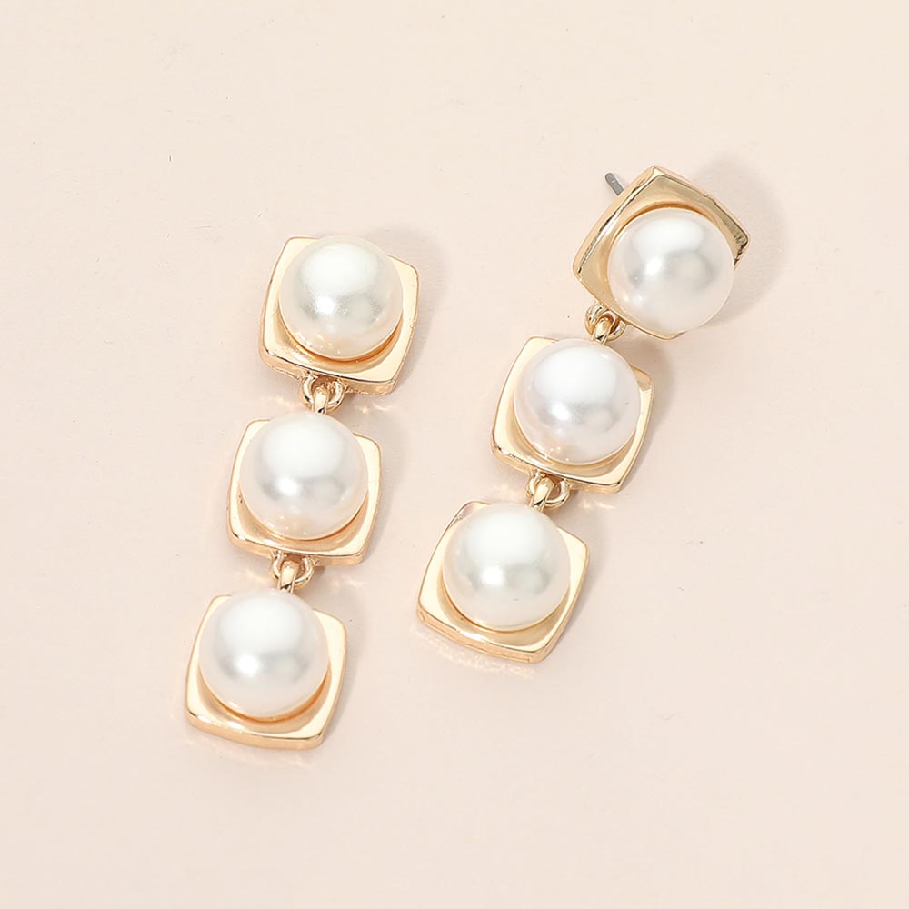 Square Round Pearl Link Drop Earrings