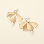 Pearl Teardrop Textured Metal Layered Petal Drop Earrings