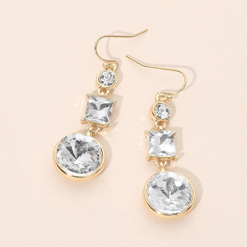 Square Round Geometric Stone Link Drop Earrings
