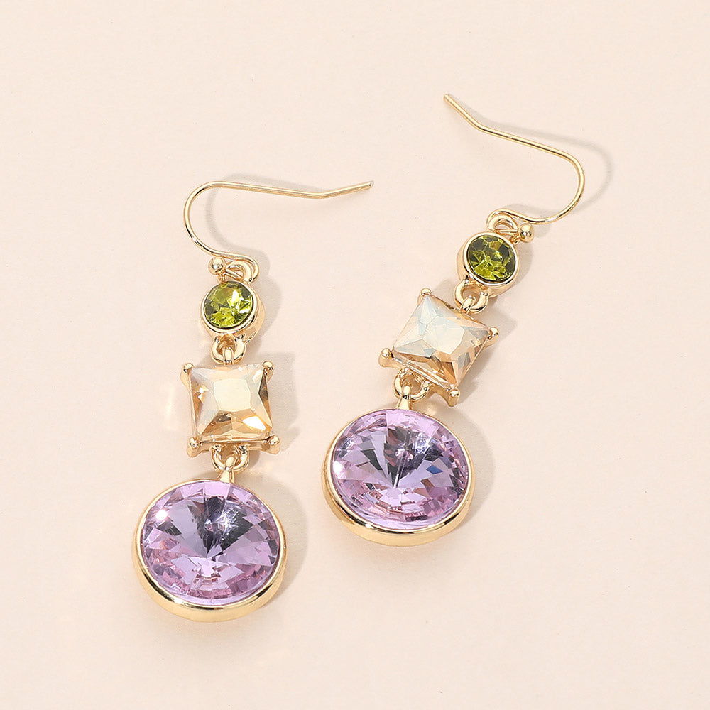Square Round Geometric Stone Link Drop Earrings