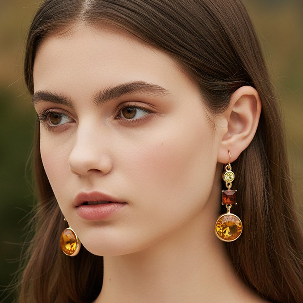 Square Round Geometric Stone Link Drop Earrings