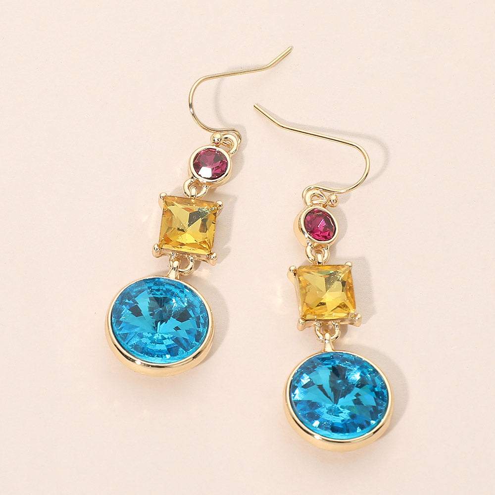 Square Round Geometric Stone Link Drop Earrings