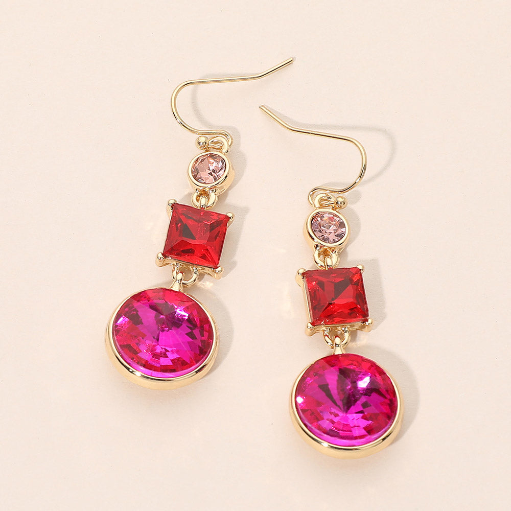 Square Round Geometric Stone Link Drop Earrings
