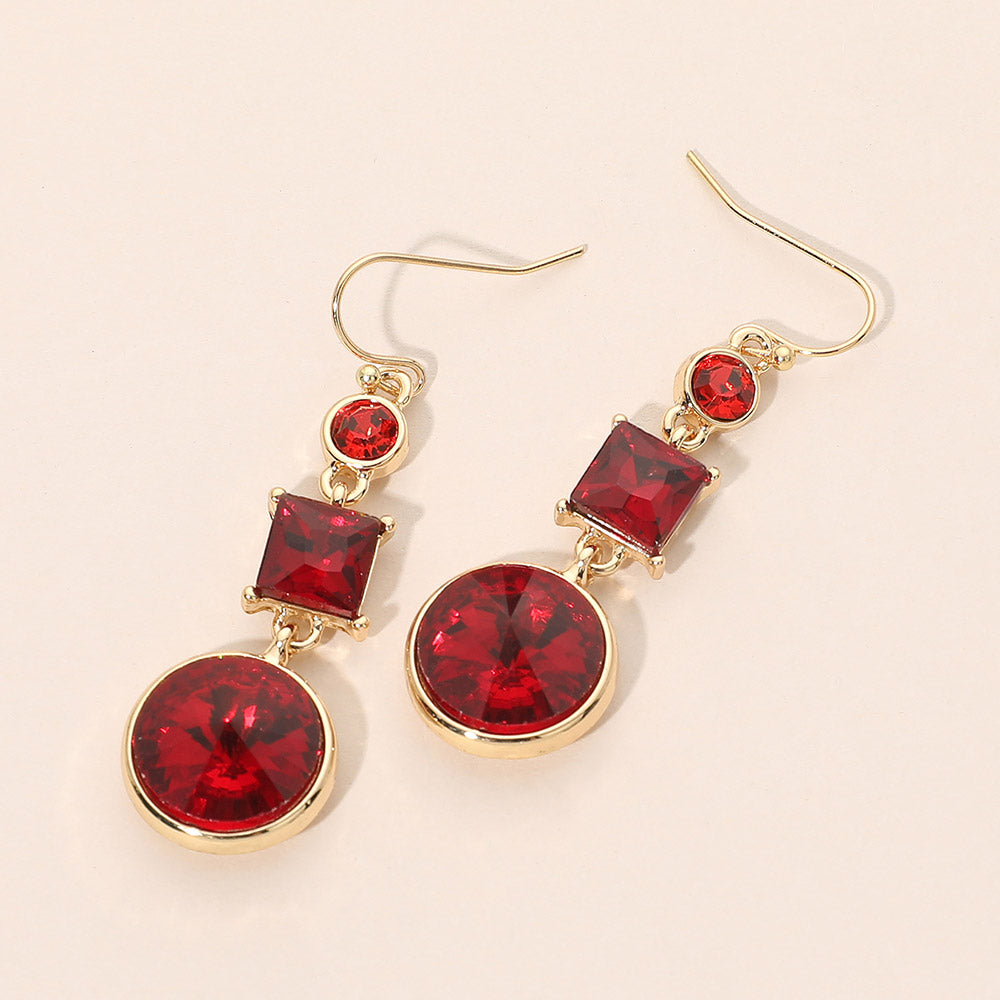 Square Round Geometric Stone Link Drop Earrings