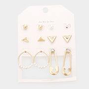 6Pairs - Rhinestone Embellished Geometric Stud Safety Pin Earrings