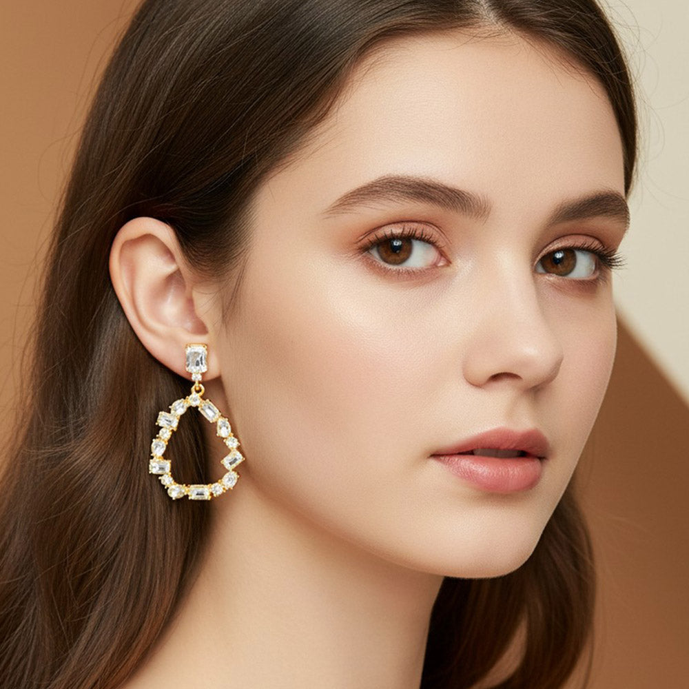 Mixed Shape Stone Cluster Open Teardrop Hoop Drop Dangle Earrings