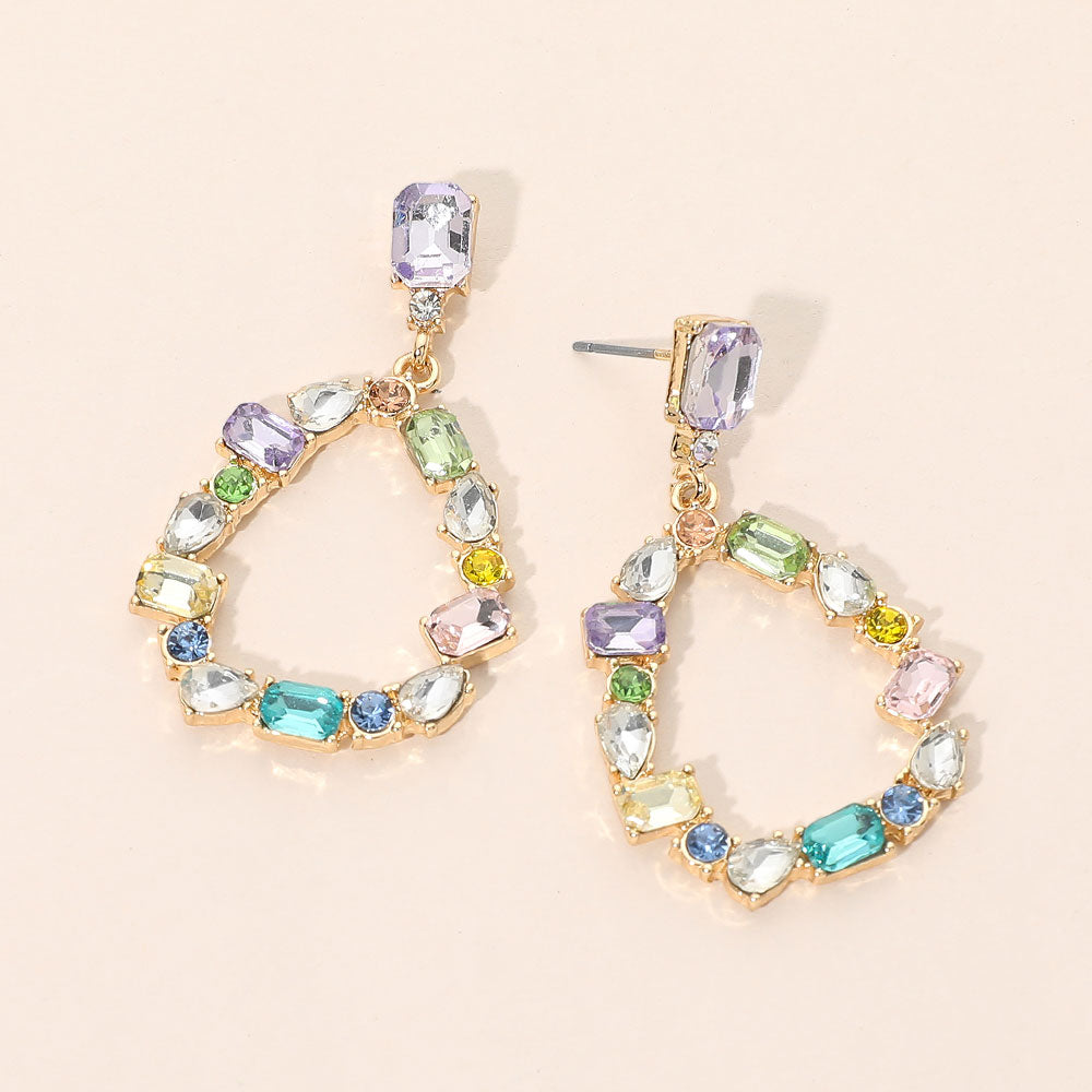 Mixed Shape Stone Cluster Open Teardrop Hoop Drop Dangle Earrings