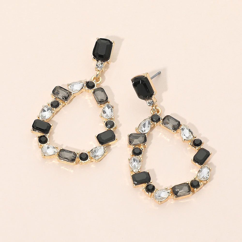 Mixed Shape Stone Cluster Open Teardrop Hoop Drop Dangle Earrings