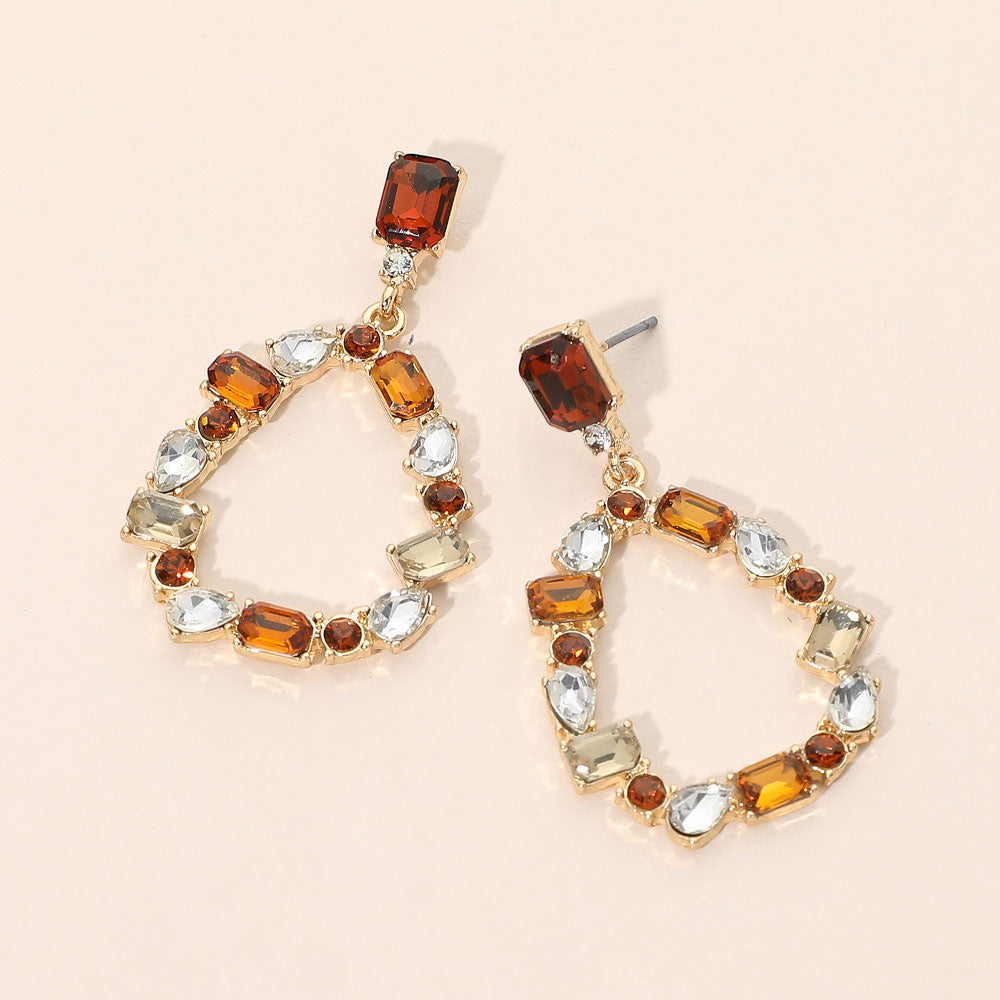 Mixed Shape Stone Cluster Open Teardrop Hoop Drop Dangle Earrings