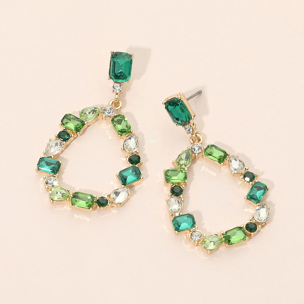 Mixed Shape Stone Cluster Open Teardrop Hoop Drop Dangle Earrings