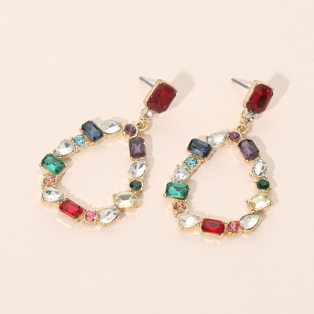Mixed Shape Stone Cluster Open Teardrop Hoop Drop Dangle Earrings