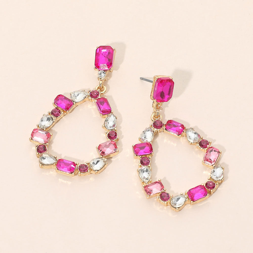 Mixed Shape Stone Cluster Open Teardrop Hoop Drop Dangle Earrings