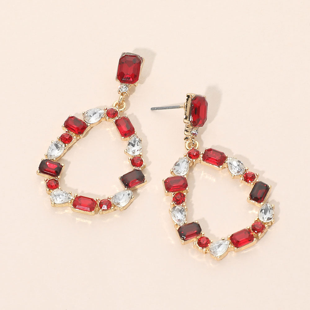 Mixed Shape Stone Cluster Open Teardrop Hoop Drop Dangle Earrings