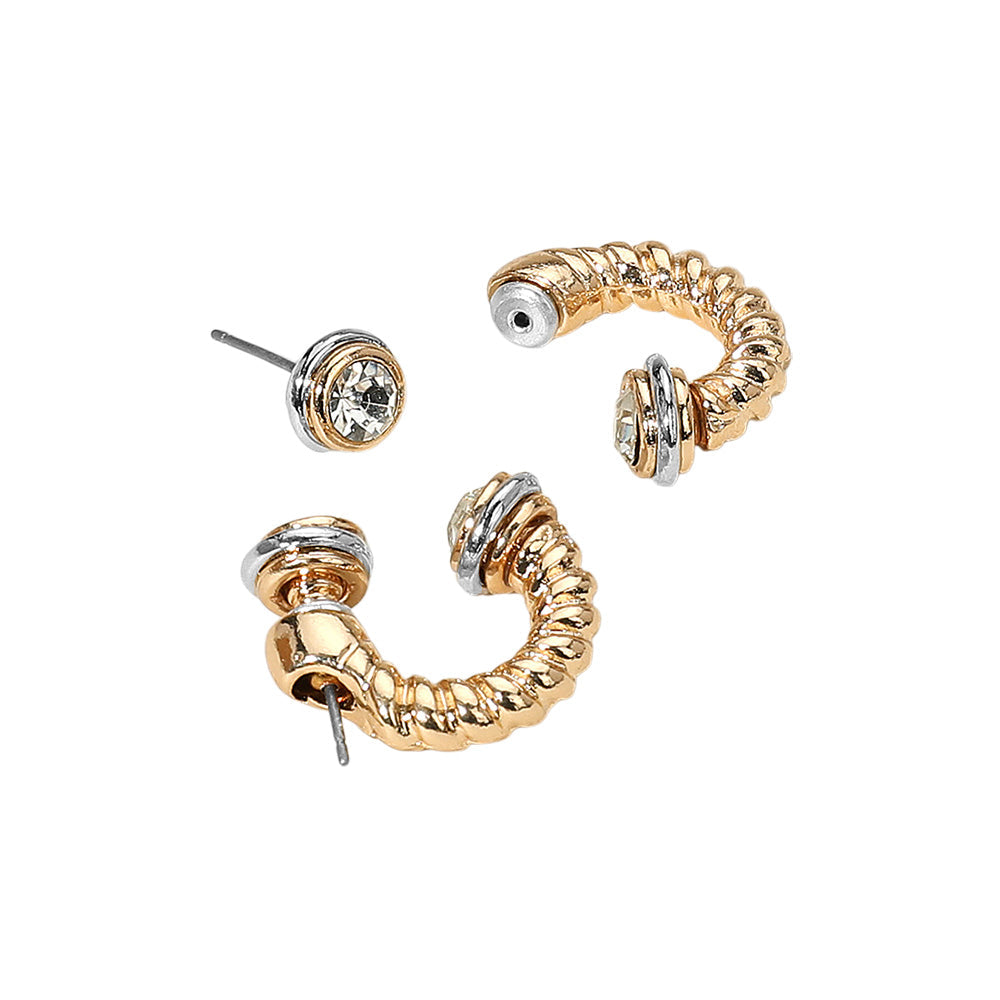 Stone Tip Two Tone Twisted Metal Ear Jacket Earrings