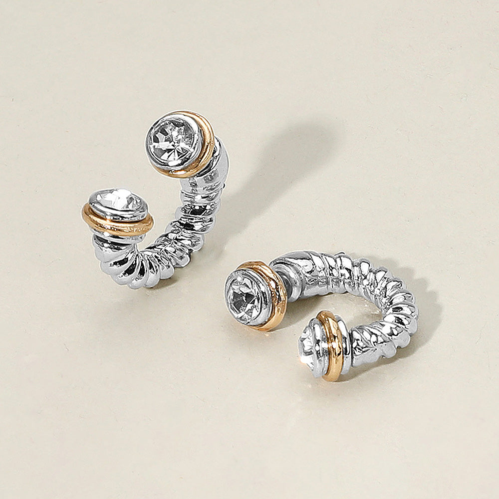 Stone Tip Two Tone Twisted Metal Ear Jacket Earrings