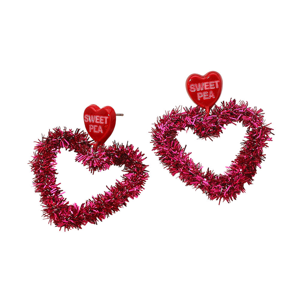 Sweet Pea Tinsel Heart Dangle Earrings
