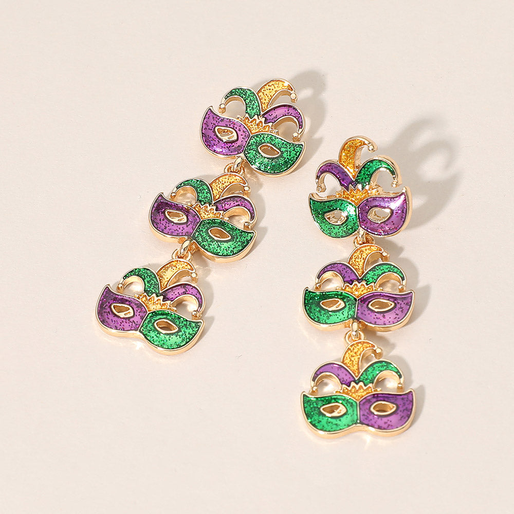 Triple Mardi Gras Jester Mask Link Drop Earrings