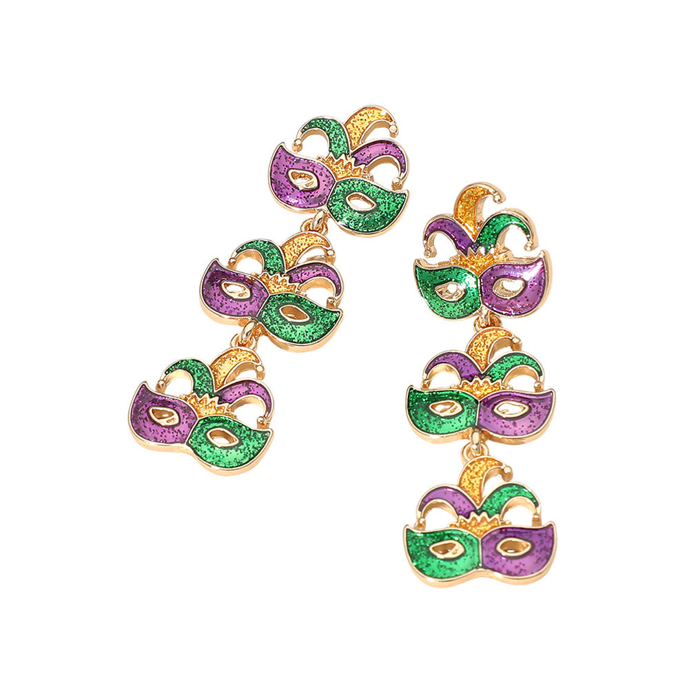 Triple Mardi Gras Jester Mask Link Drop Earrings