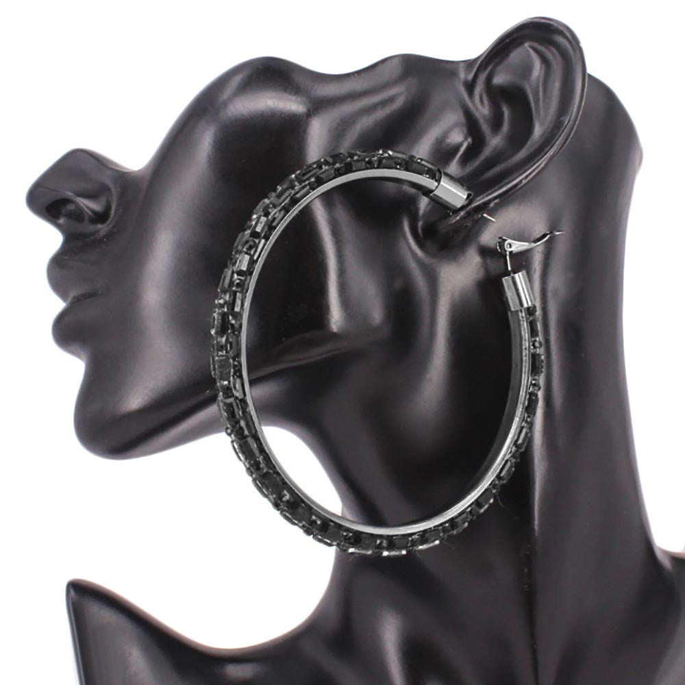 Oversized Baguette Rhinestone Embellished Hoop Earrings