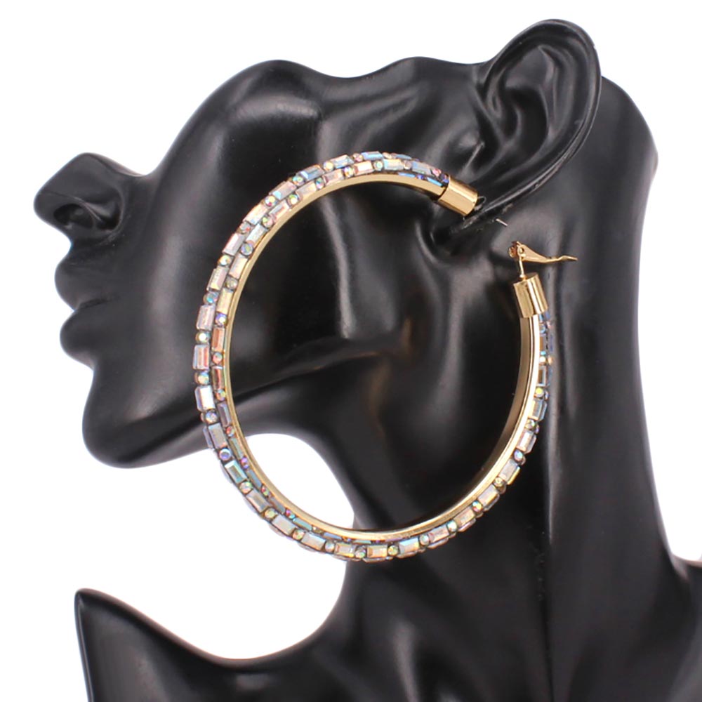 Oversized Baguette Rhinestone Embellished Hoop Earrings