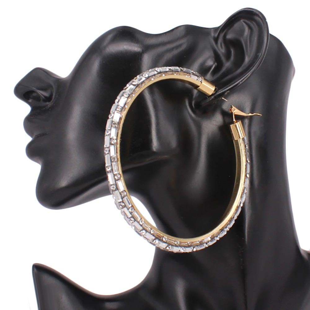 Oversized Baguette Rhinestone Embellished Hoop Earrings