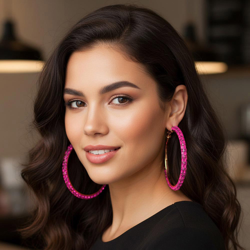Oversized Baguette Rhinestone Embellished Hoop Earrings