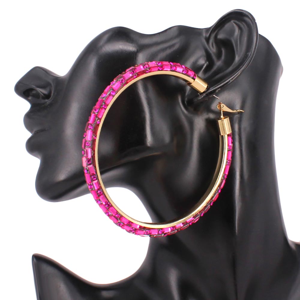 Oversized Baguette Rhinestone Embellished Hoop Earrings