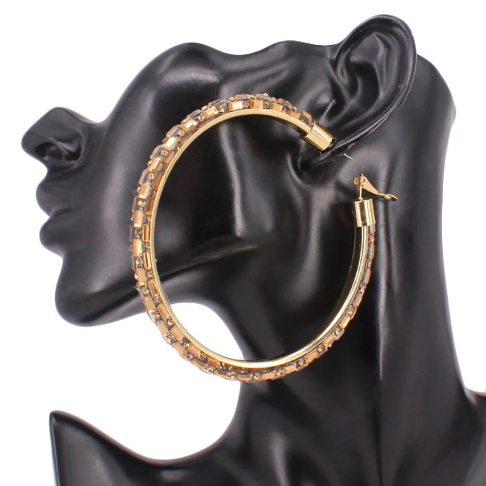 Oversized Baguette Rhinestone Embellished Hoop Earrings