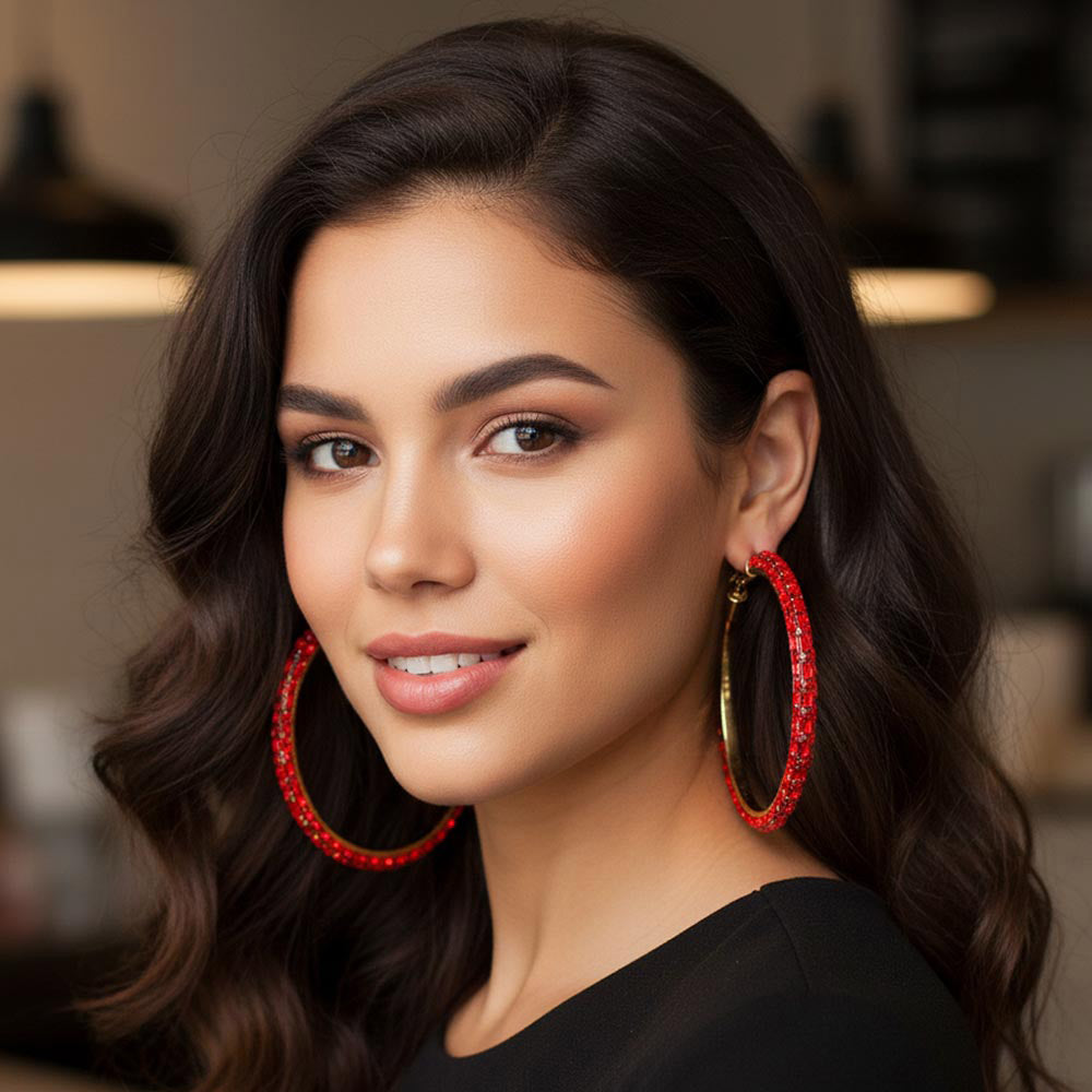 Oversized Baguette Rhinestone Embellished Hoop Earrings