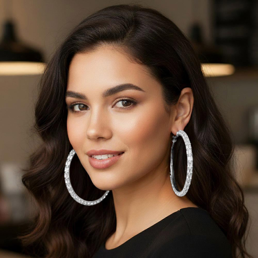 Oversized Baguette Rhinestone Embellished Hoop Earrings