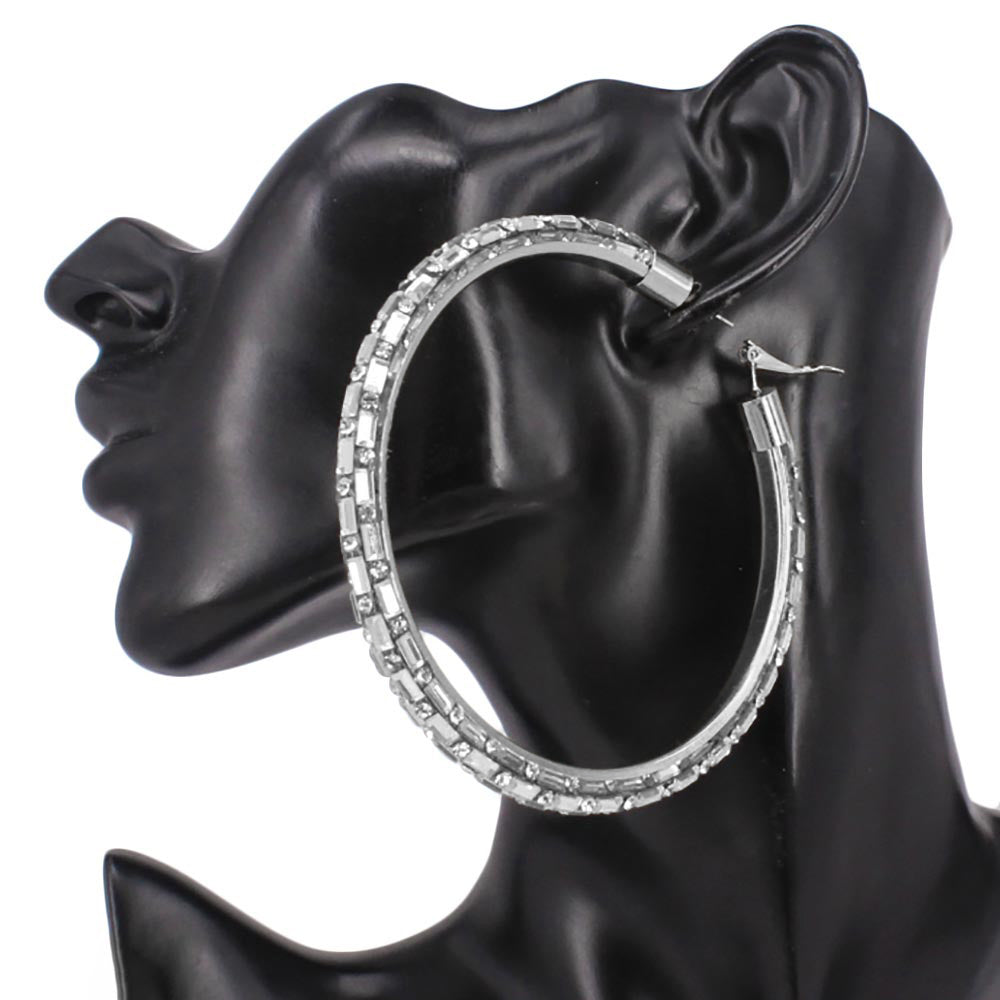 Oversized Baguette Rhinestone Embellished Hoop Earrings