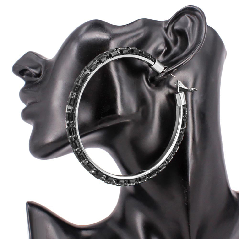 Oversized Baguette Rhinestone Embellished Hoop Earrings