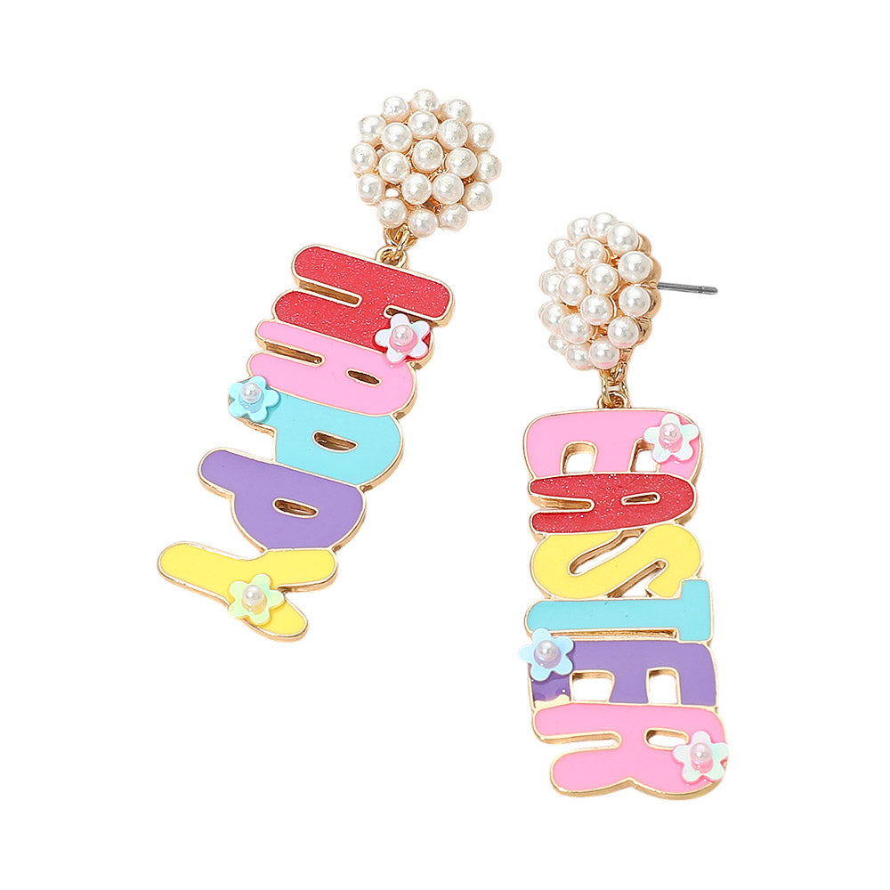 Pearl Cluster Flower Embellished HAPPY EASTER Message Drop Earrings