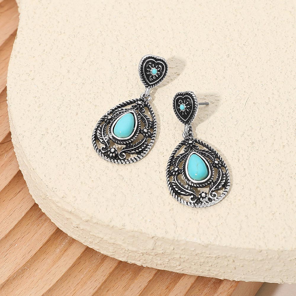 Vintage Teardrop Turquoise Stone Accent Dangle Earrings