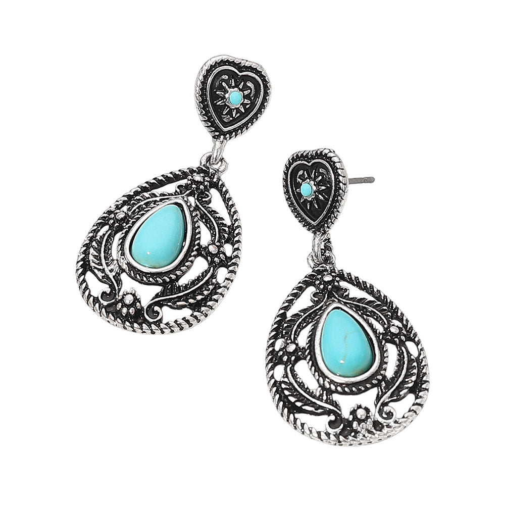 Vintage Teardrop Turquoise Stone Accent Dangle Earrings