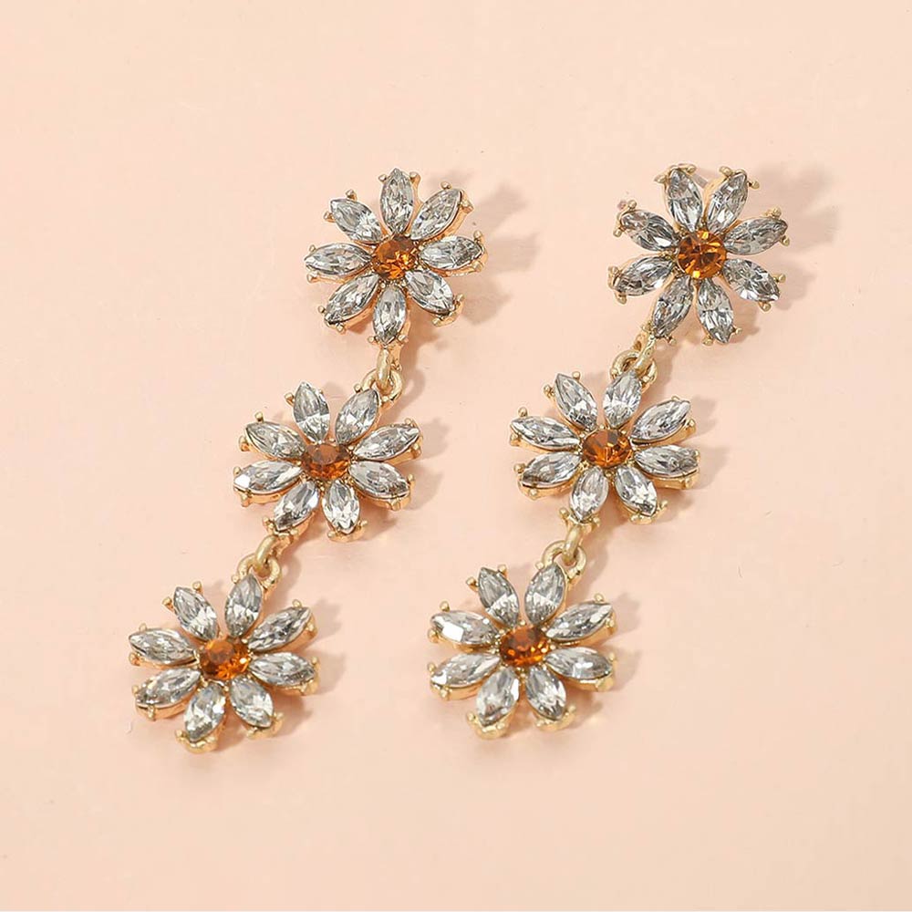 Stone Cluster Triple Flower Link Dropdown Earrings