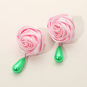 Teardrop Pearl Dangle Satin Rose Earrings
