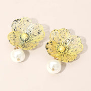 Stone Center Cutout Flower Pearl Drop Statement Earrings