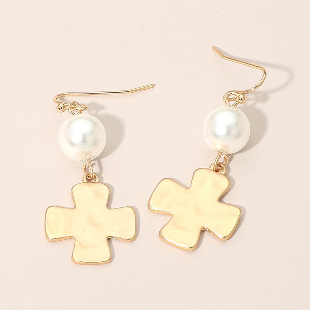 Matte Hammered Metal Cross Pearl Link Drop Earrings