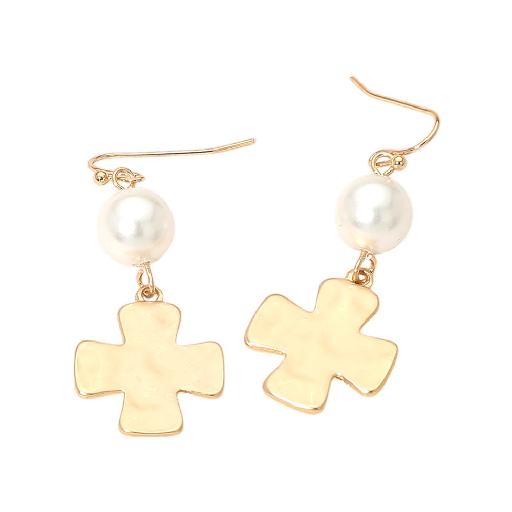 Matte Hammered Metal Cross Pearl Link Drop Earrings