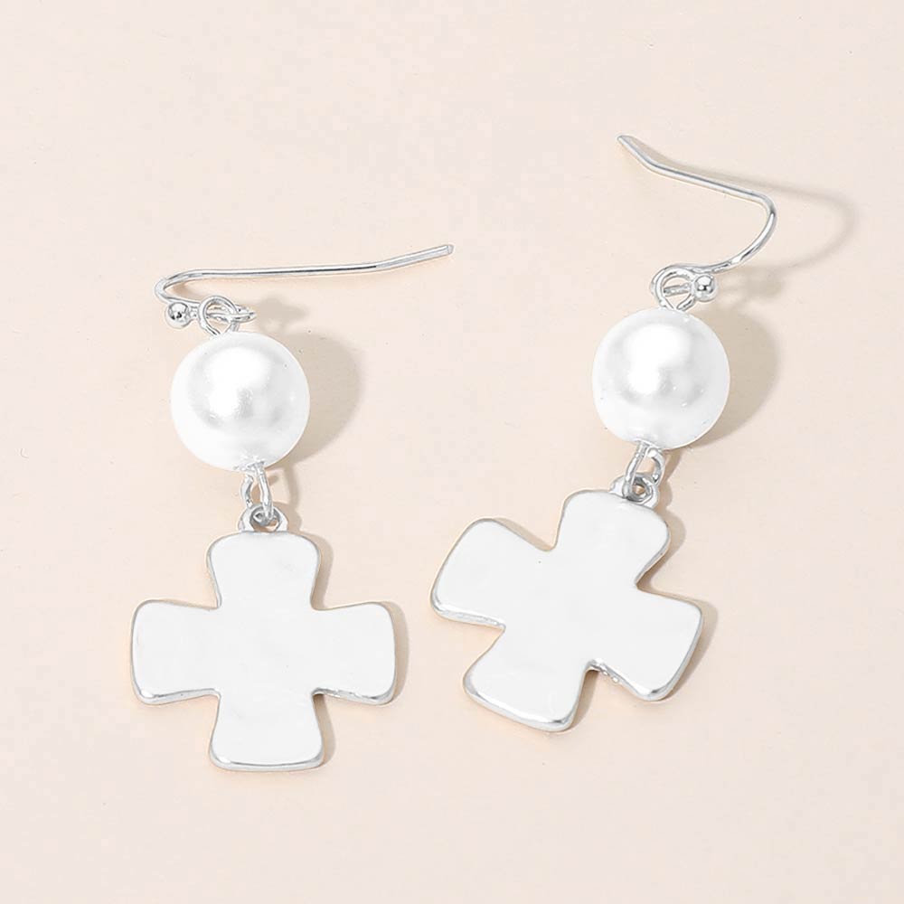 Matte Hammered Metal Cross Pearl Link Drop Earrings