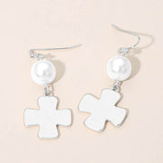 Matte Hammered Metal Cross Pearl Link Drop Earrings