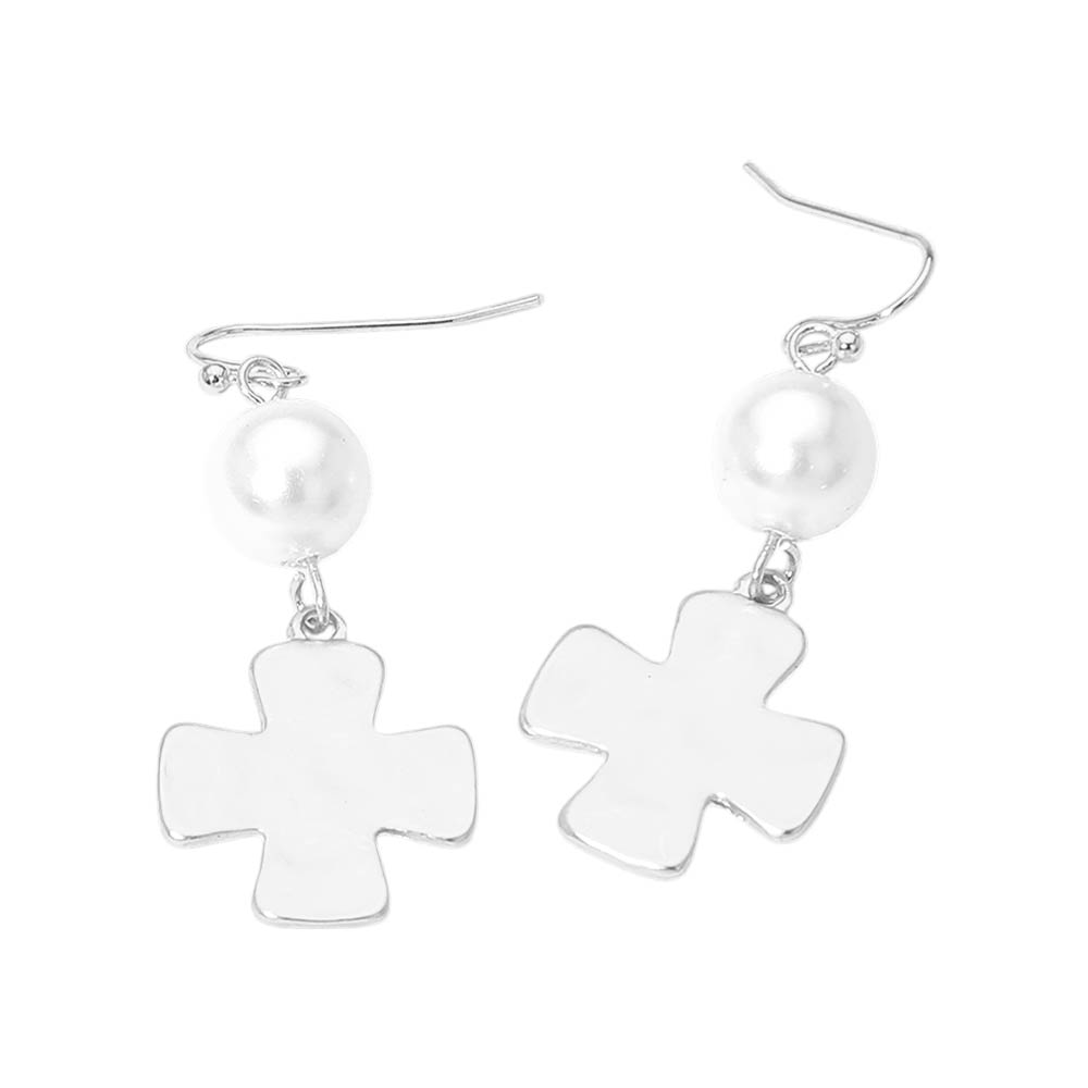 Matte Hammered Metal Cross Pearl Link Drop Earrings