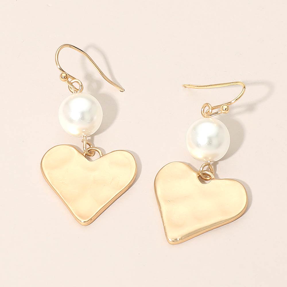 Matte Hammered Metal Heart Pearl Link Drop Earrings
