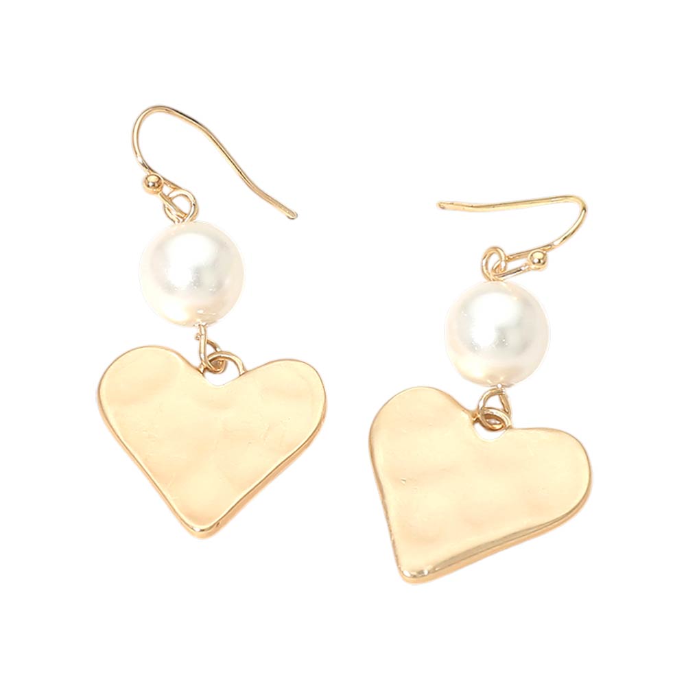 Matte Hammered Metal Heart Pearl Link Drop Earrings
