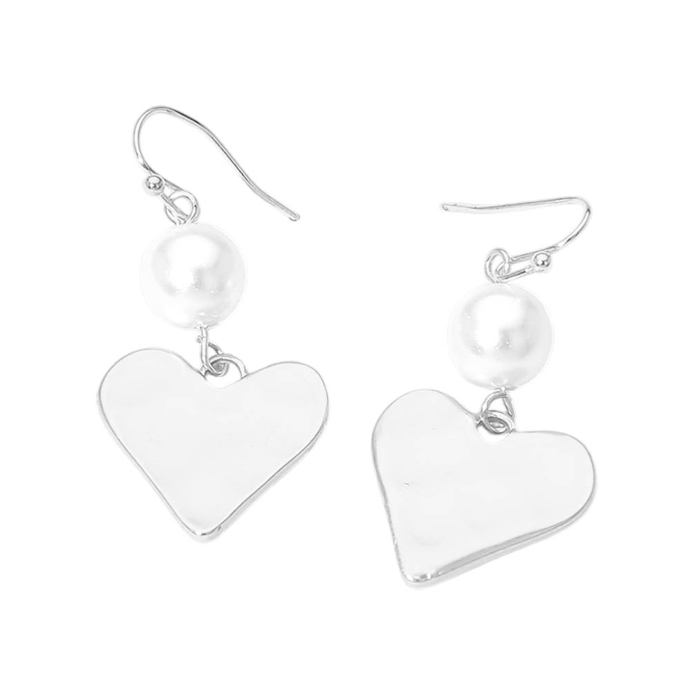 Matte Hammered Metal Heart Pearl Link Drop Earrings