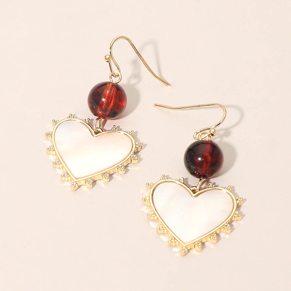 Bead Mother of Pearl Heart Charm Link Drop Earrings