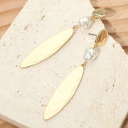 Pearl Accent Hammered Slim Oval Plate Link Drop Statement Earrings