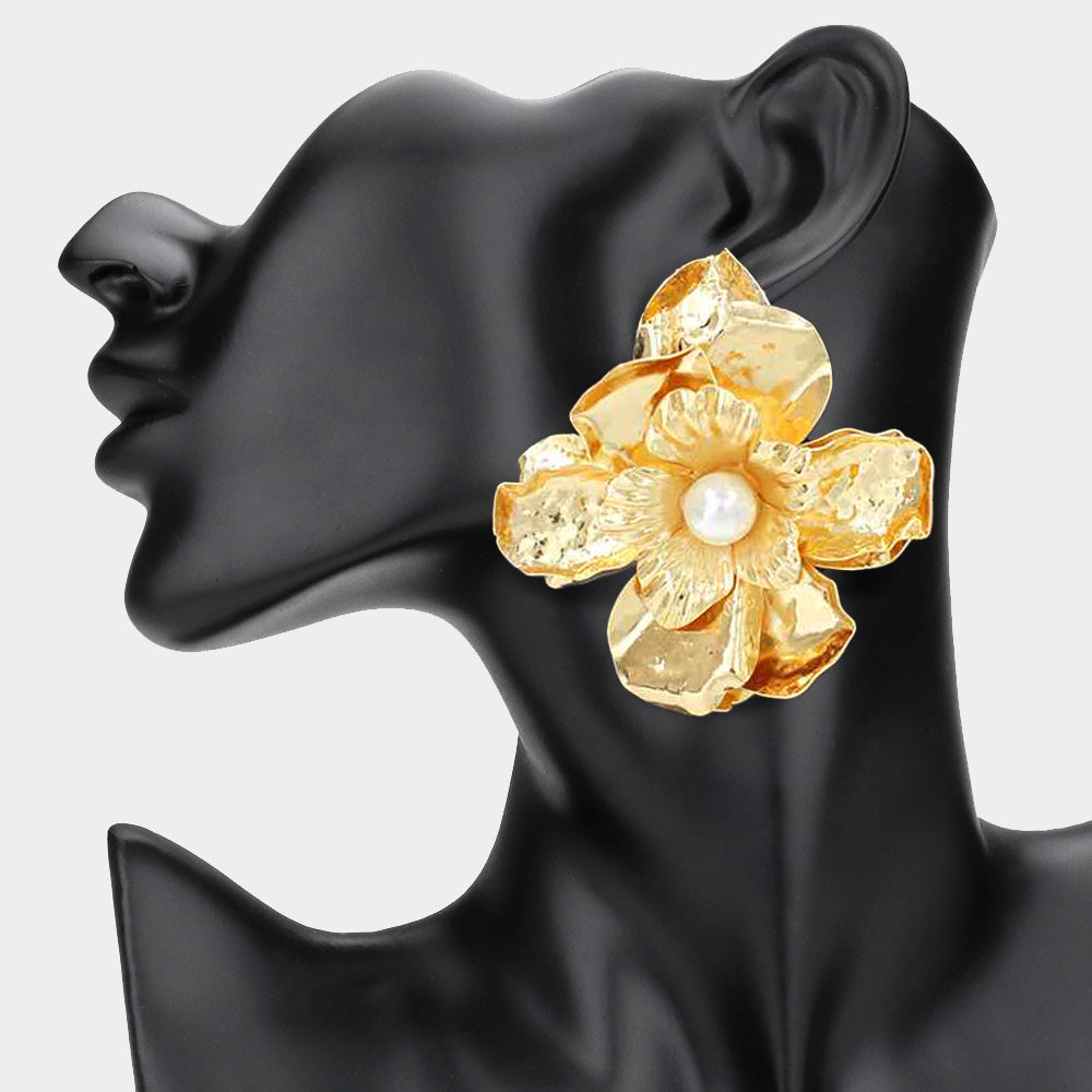 Oversized Pearl Pointed Hammered Metal Petal Flower Earrings